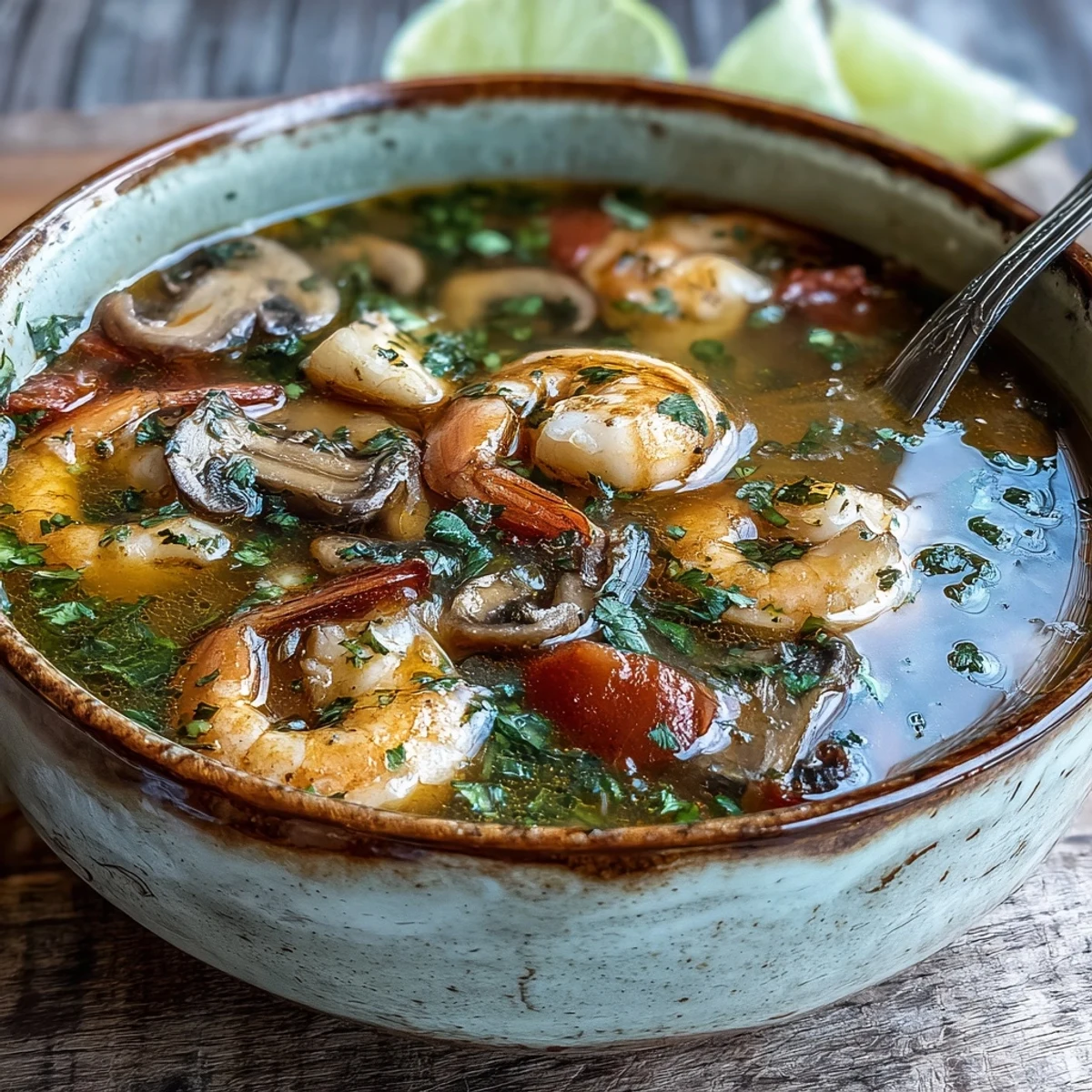 Hot Tom Yum Soup with shrimp, mushrooms, and fresh herbs in a rustic bowl, steaming. 