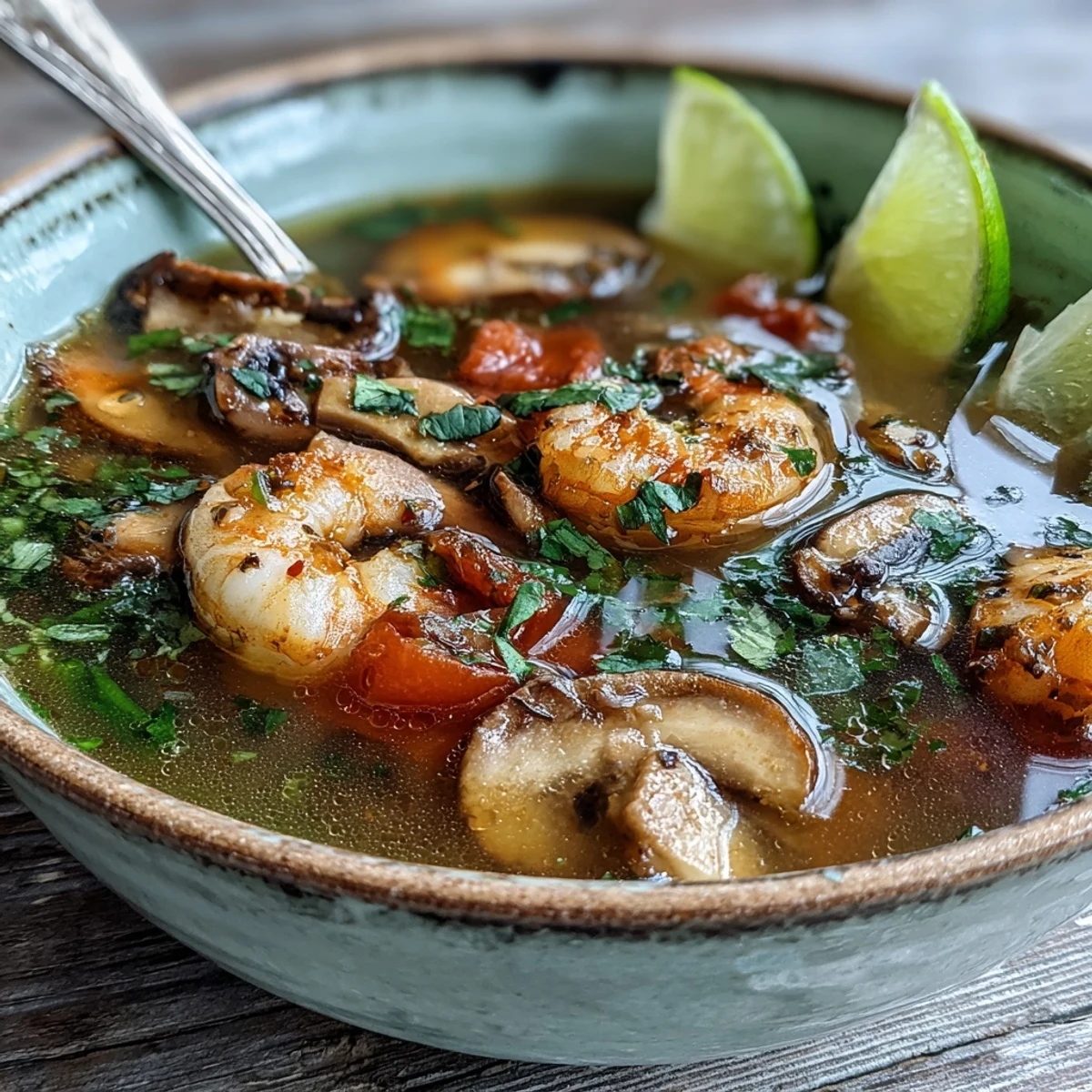 Tom Yum Soup served with lime wedges and cilantro, ready to enjoy. 