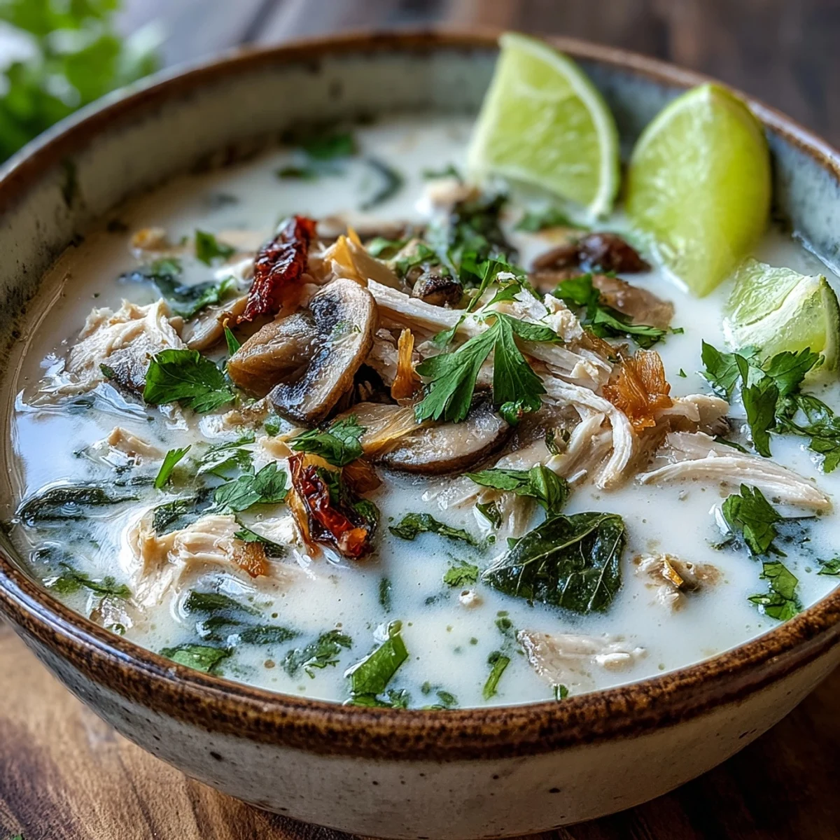 Creamy Authentic Tom Kha Gai soup in a white bowl, garnished with cilantro and sliced mushrooms.