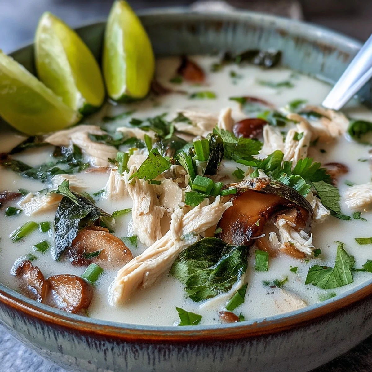 Authentic Tom Kha Gai served steaming hot with jasmine rice and fresh lime wedges on the side.