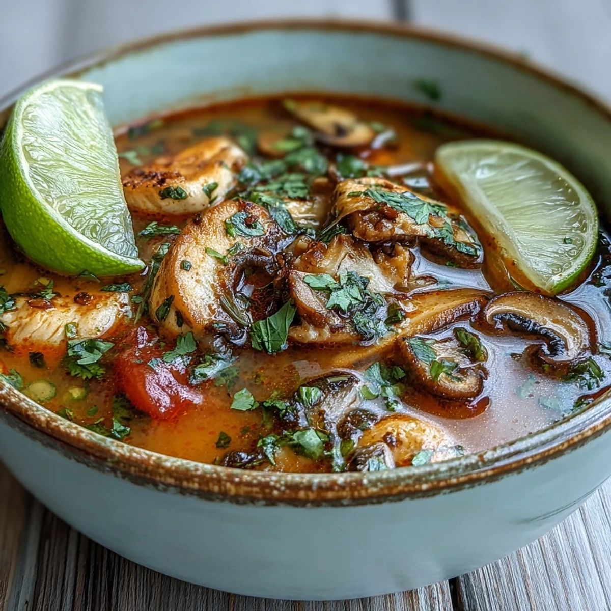 Spoonful of Tom Yum Gai reveals earthy mushrooms and fresh cilantro in the aromatic, bright orange broth ready to serve.