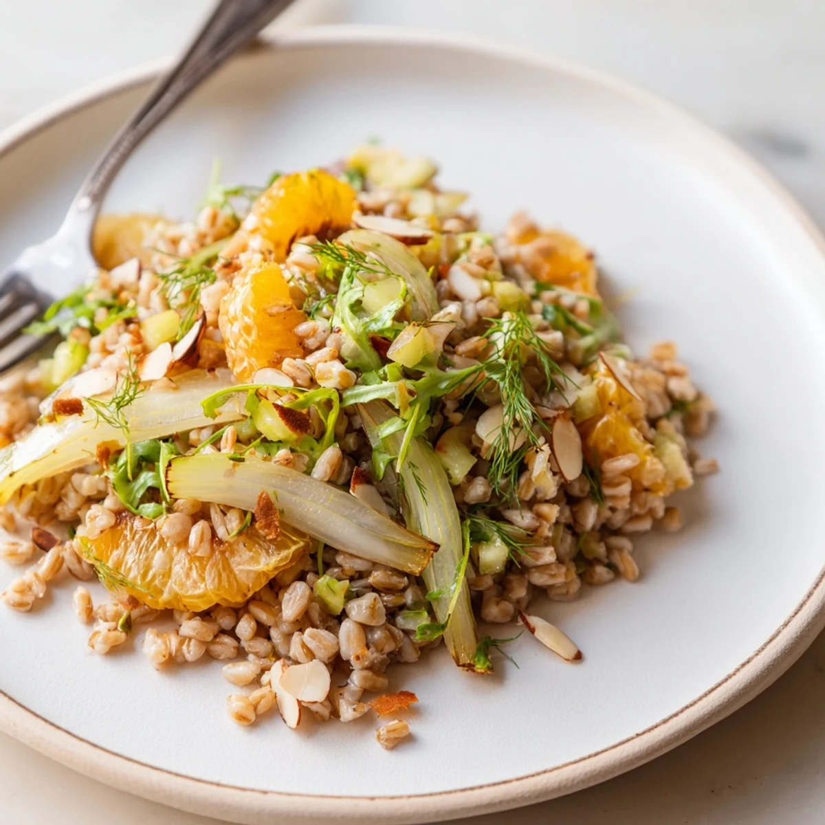 A vibrant bowl of Farro Salad With Fennel, Oranges, and Almonds, showcasing golden grains, crisp orange segments, and toasted almond slices tossed with fresh greens.  