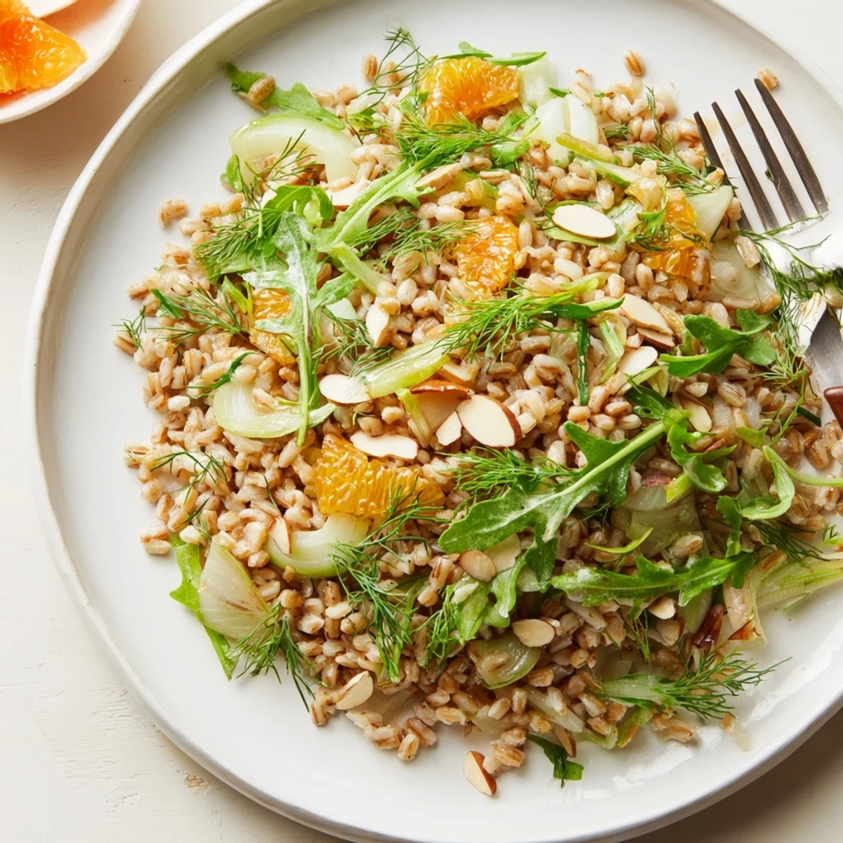 Close-up view of Farro Salad With Fennel, Oranges, and Almonds, highlighting juicy orange zest, shaved fennel, and crunchy almonds in a rustic serving bowl.