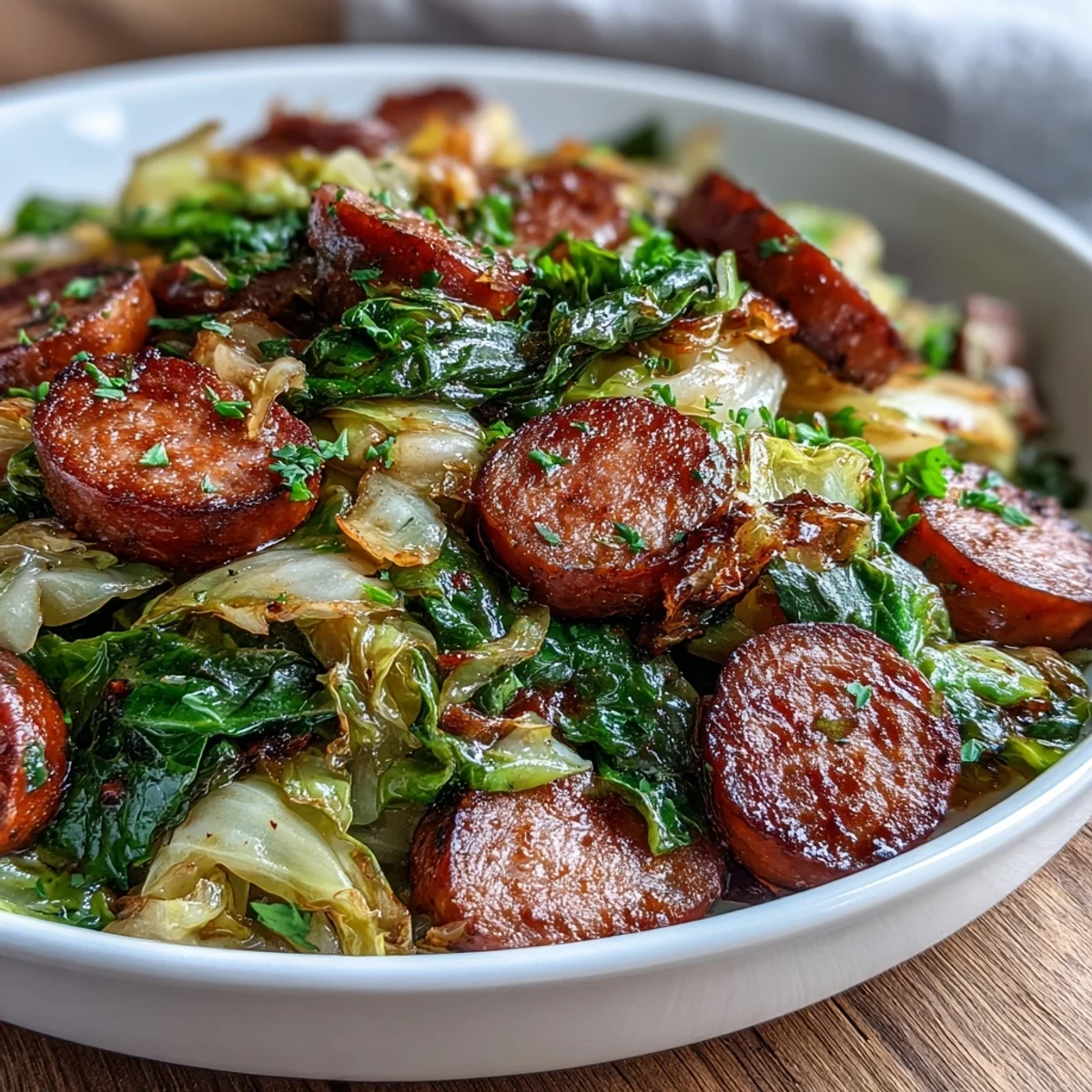 A skillet of Smothered Cabbage With Sausage, featuring tender green cabbage and browned sausage pieces in a savory, smoky sauce.