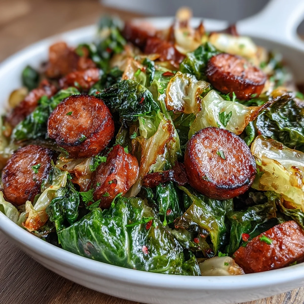 Sizzling smoked sausage and caramelized onions mingle with soft cabbage in this one-pan Smothered Cabbage With Sausage Skillet.
