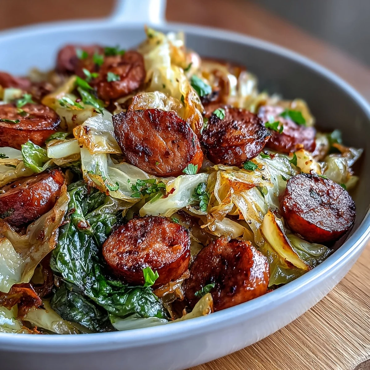 Ready-to-serve Smothered Cabbage With Sausage, perfect over rice, showcasing juicy sausage rounds and glistening, wilted cabbage leaves.
