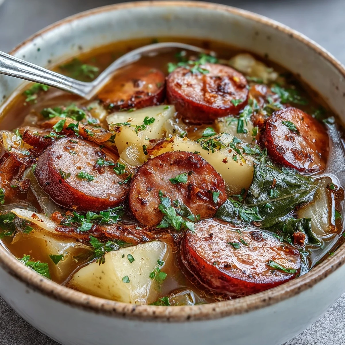 Steaming bowls of Sausage, Potato and Cabbage Soup with crusty bread.