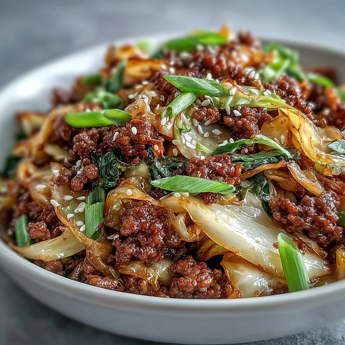 Ground beef and crisp cabbage tossed in a savory, umami-rich Chinese sauce, garnished with fresh green onions.