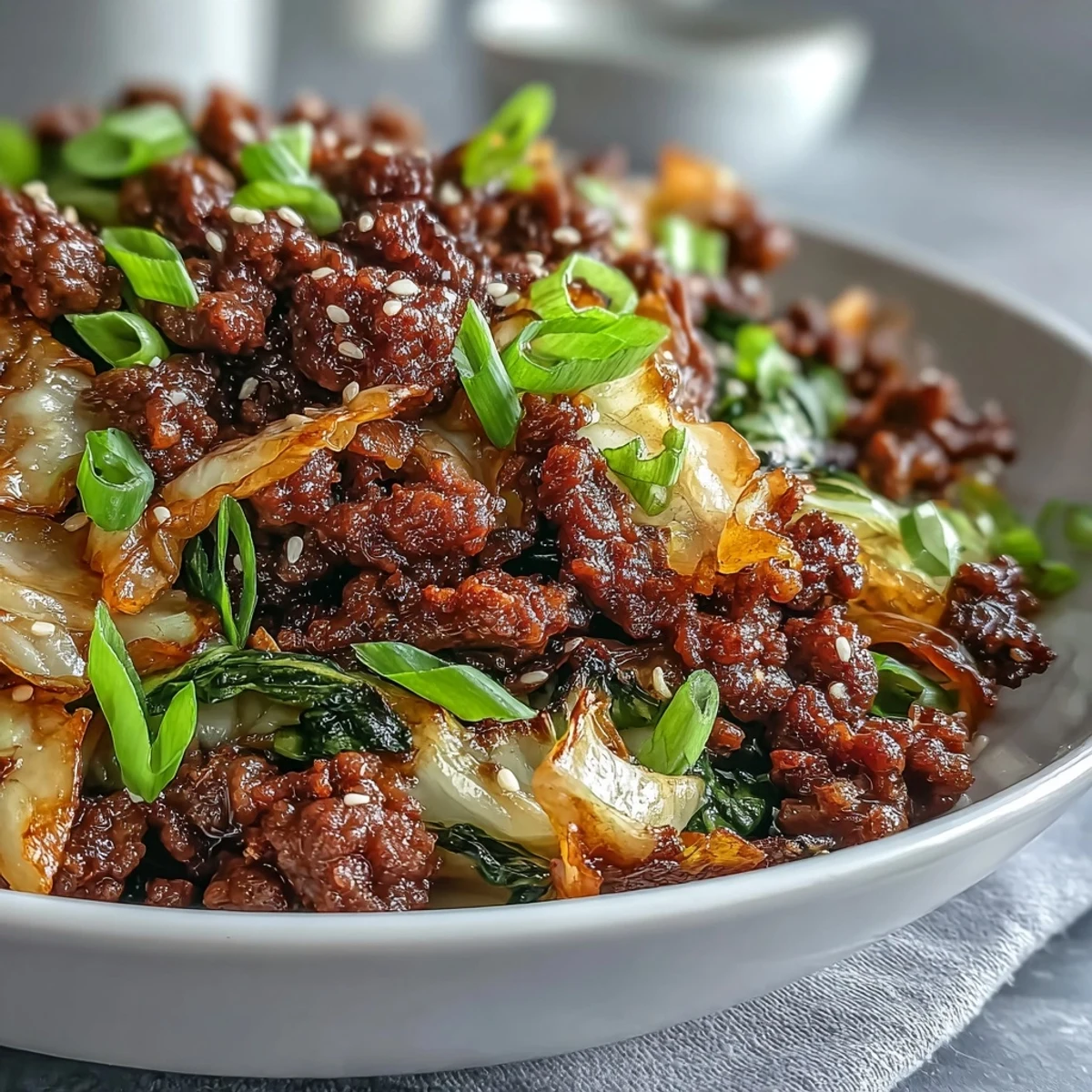 Sizzling Chinese ground beef stir-fry with vibrant cabbage and carrots, served hot over steamed cauliflower rice.