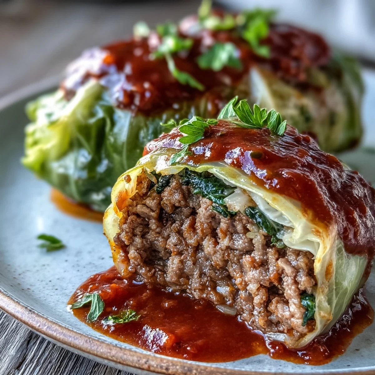 Freshly baked Cabbage Rolls bubbling with savory ground meat and rice, smothered in a rich, glossy tomato sauce.