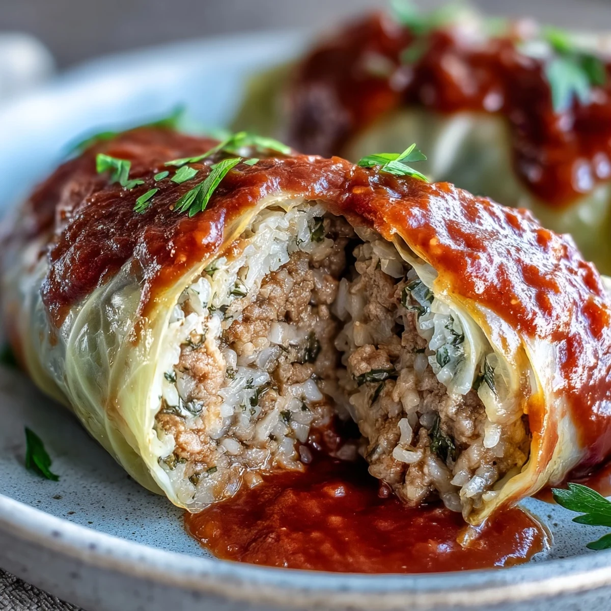 Comforting Eastern European Cabbage Rolls arranged in a baking dish, garnished with fresh parsley and ready to serve.
