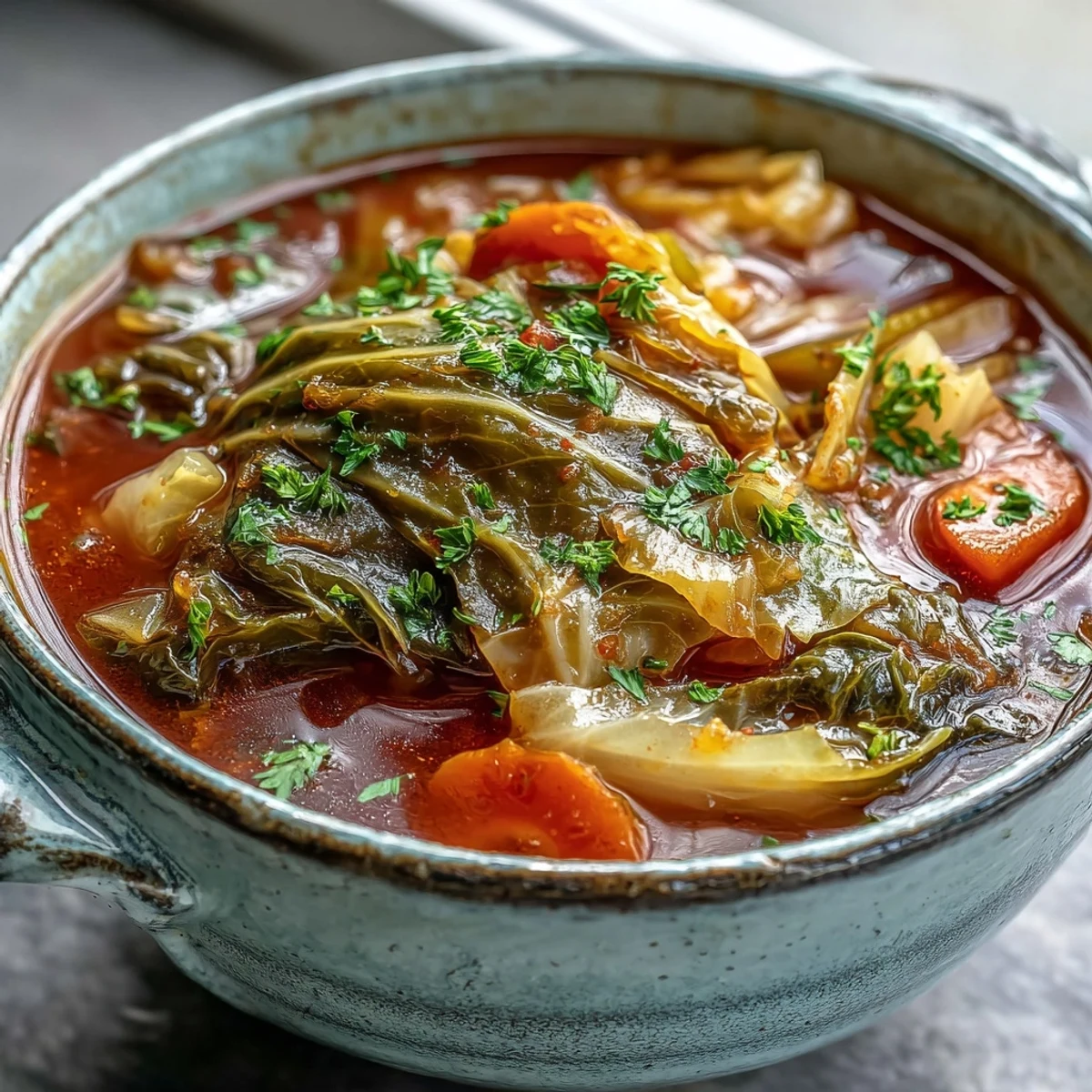 A bowl of hot Classic Cabbage Soup with tender green cabbage, carrots, and celery in a rich tomato broth.