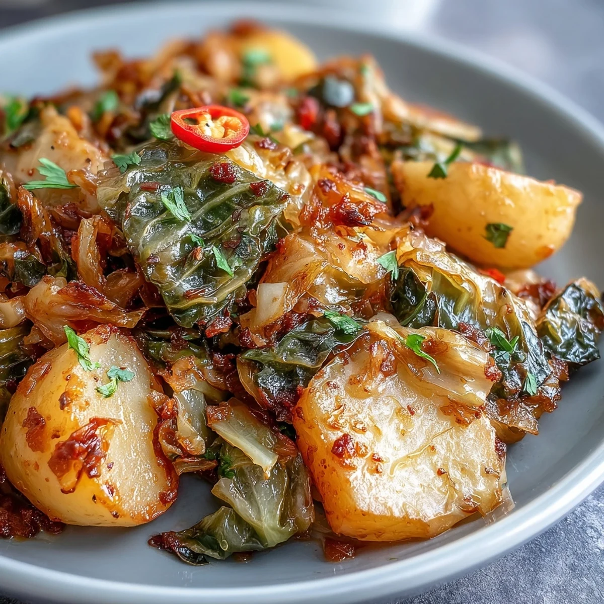 Tender Braised Cabbage With Potatoes and Chili simmers in a pot, buttery and warm with soft potato chunks ready to serve.
