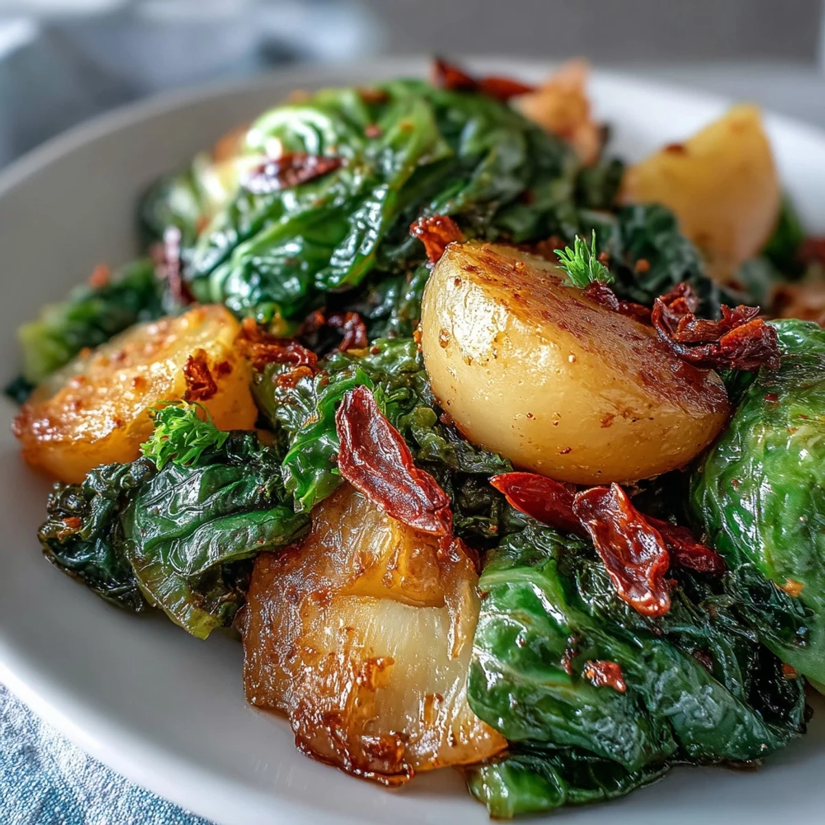 Savory Braised Cabbage With Potatoes and Chili on a spoon, garnished with fresh parsley and a bright wedge of lemon.