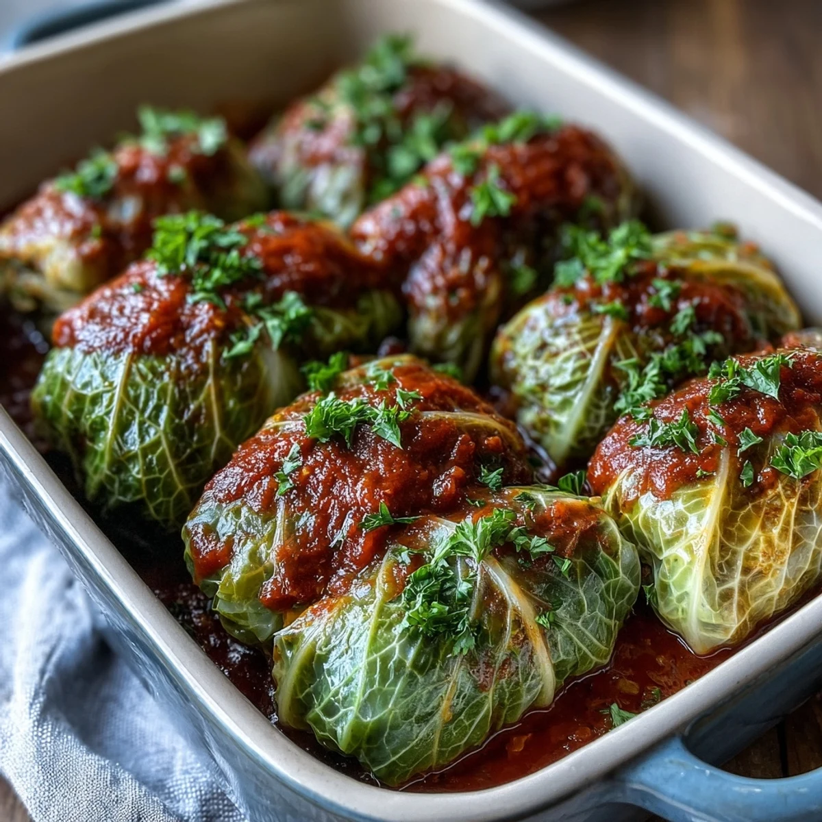 Golden brown baked vegan cabbage rolls topped with fresh parsley, nestled in a rich, bubbling tomato sauce.