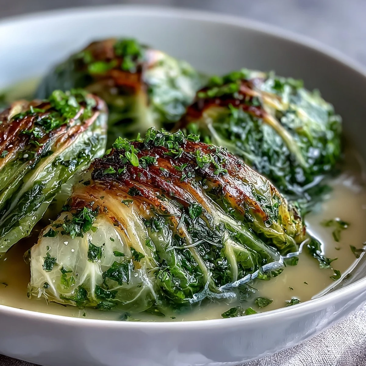 Golden herby cabbage wedges simmer in a creamy parmesan broth, garnished with fresh parsley and chives.