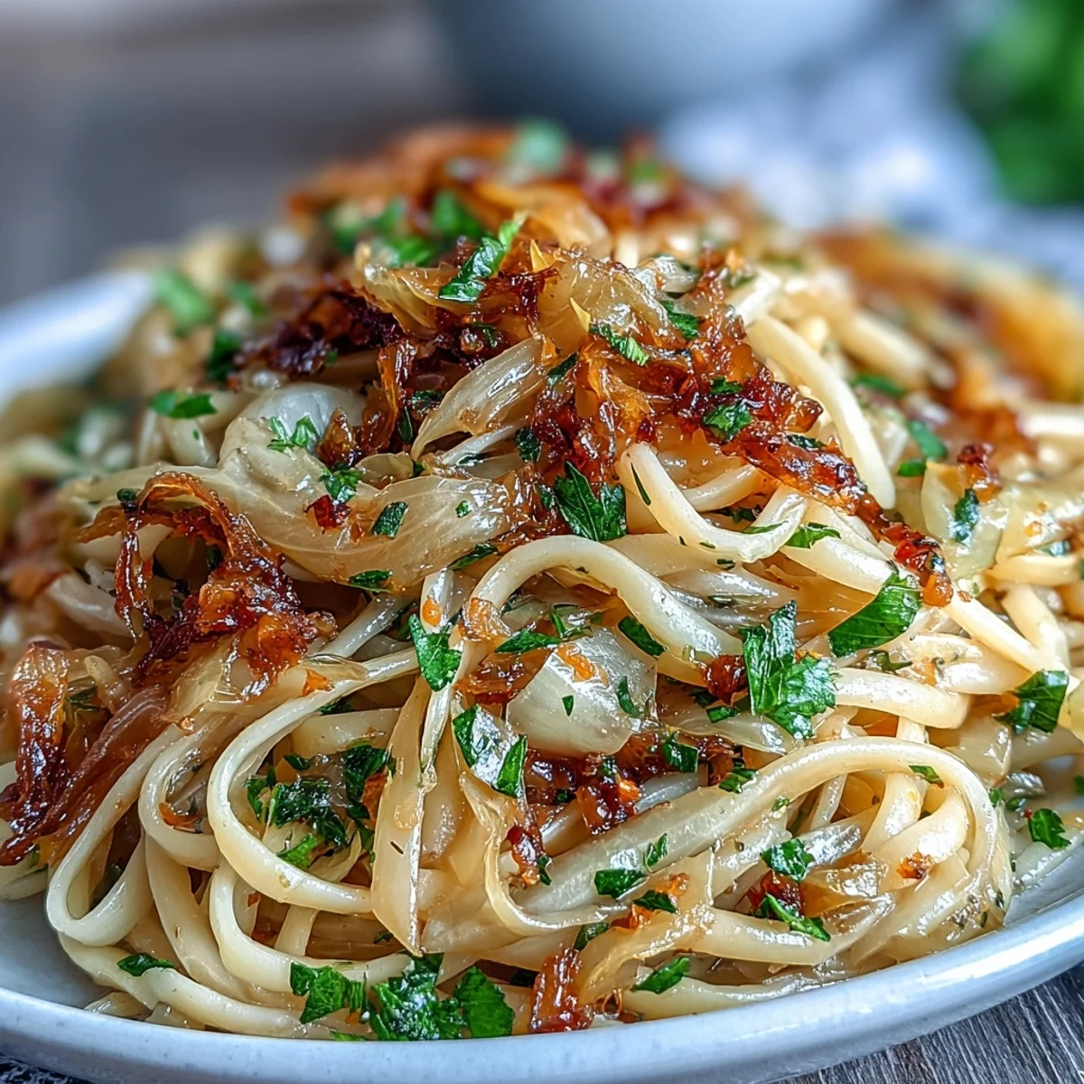 Heaping forkful of cabbage pasta with garlic and Parmesan, garnished with chopped parsley and lemon zest on a plate.