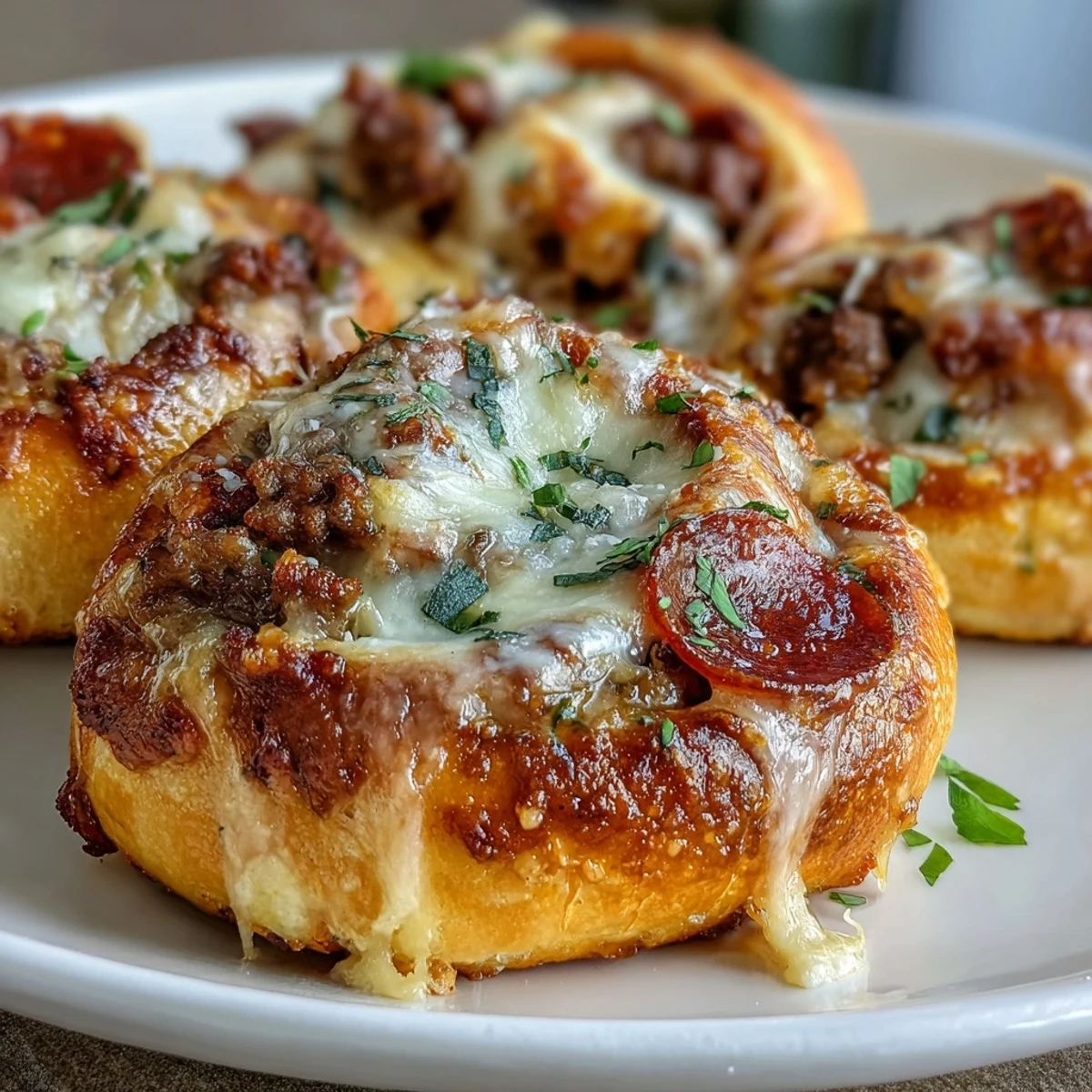 A cross-section view of Irresistible High Protein Pepperoni Pizza Rolls revealing a hearty filling of lean beef, spicy pepperoni, and melted mozzarella cheese.