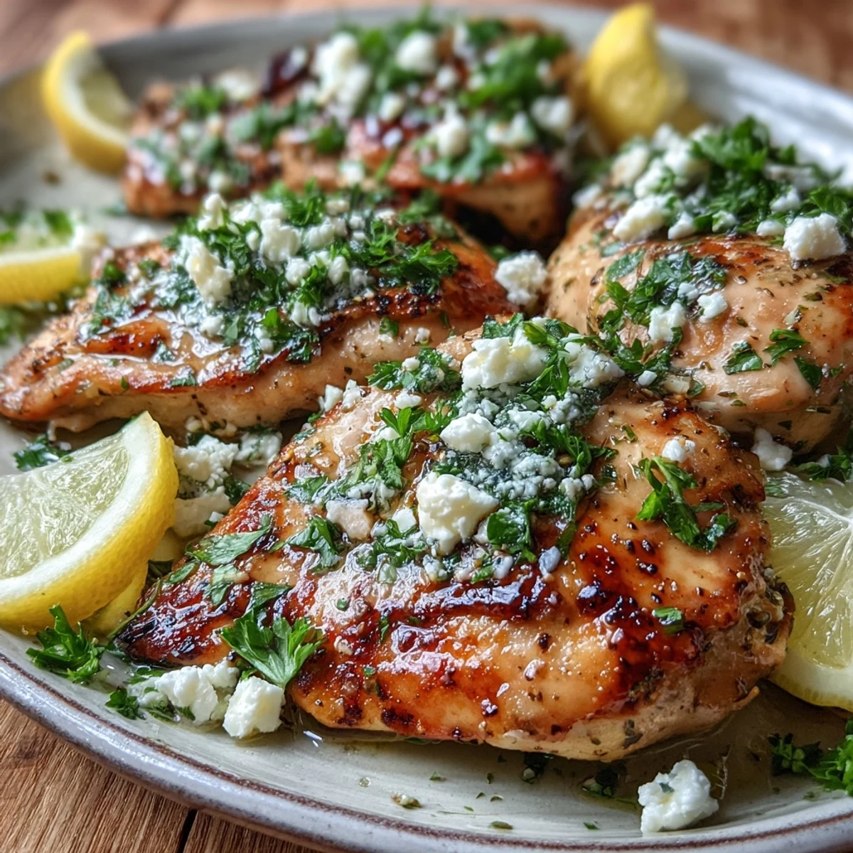 Juicy Greek Chicken with Lemon and Feta topped with fresh parsley, served with lemon wedges on a rustic plate.