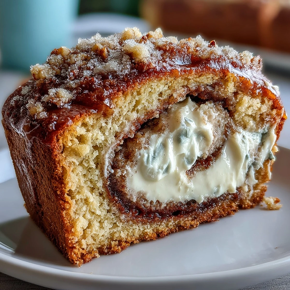 A thick slice of Cream Cheese Cinnamon Swirl Banana Bread revealing the rich, creamy filling on a plate.