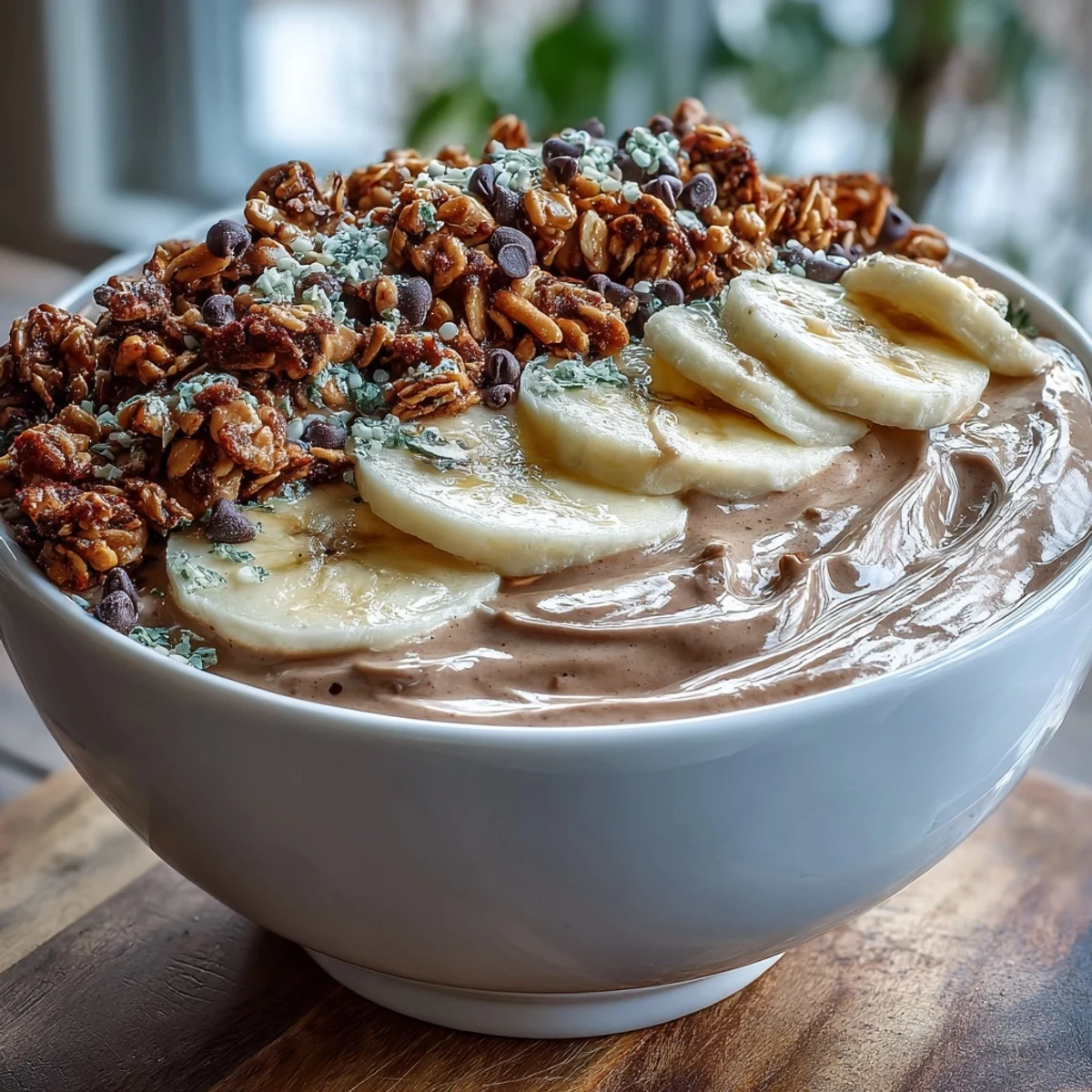 Thick and creamy Chunky Monkey smoothie bowls swirled with rich chocolate and peanut butter, topped with crunchy granola and banana slices for a vibrant, wholesome breakfast.