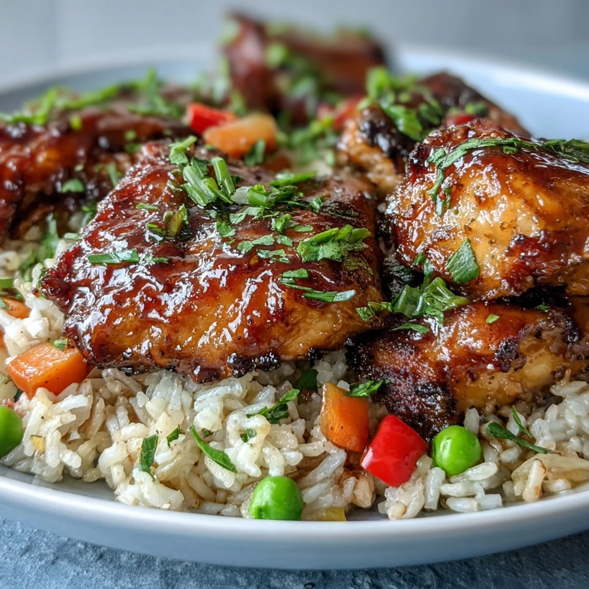 A close-up of One-Pan Bold Honey BBQ Chicken Rice garnished with parsley, served family-style.