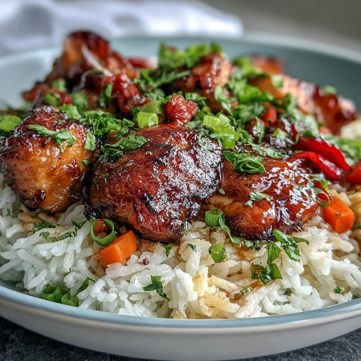 Sizzling One-Pan Bold Honey BBQ Chicken Rice in a skillet, honey BBQ sauce coating juicy chicken and vegetables.