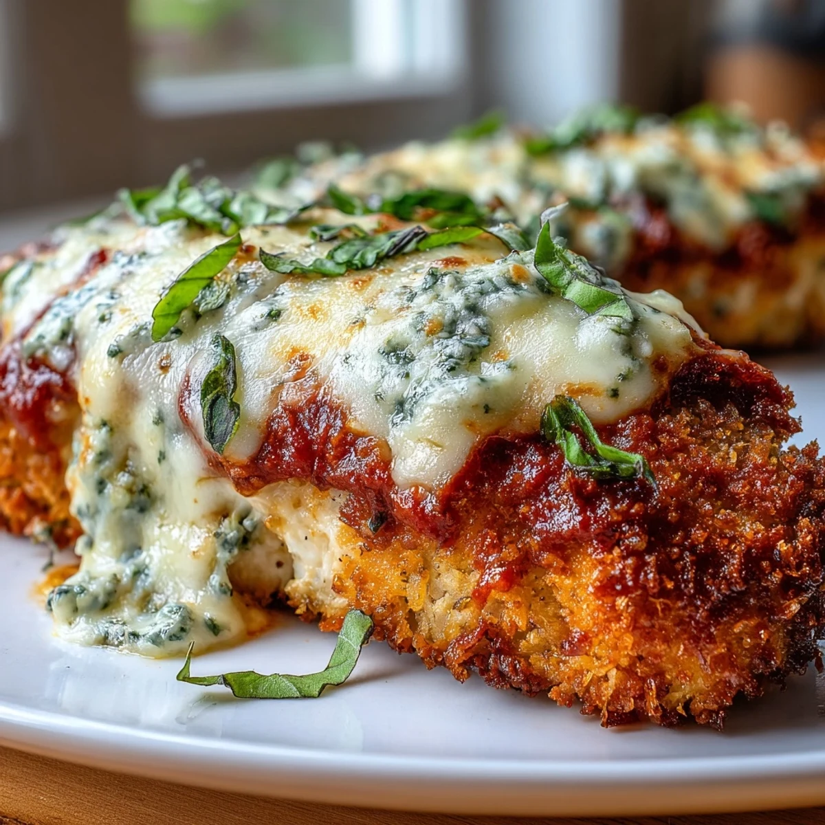 Golden brown breaded chicken breasts are topped with fresh basil pesto, marinara sauce, and bubbly mozzarella cheese.