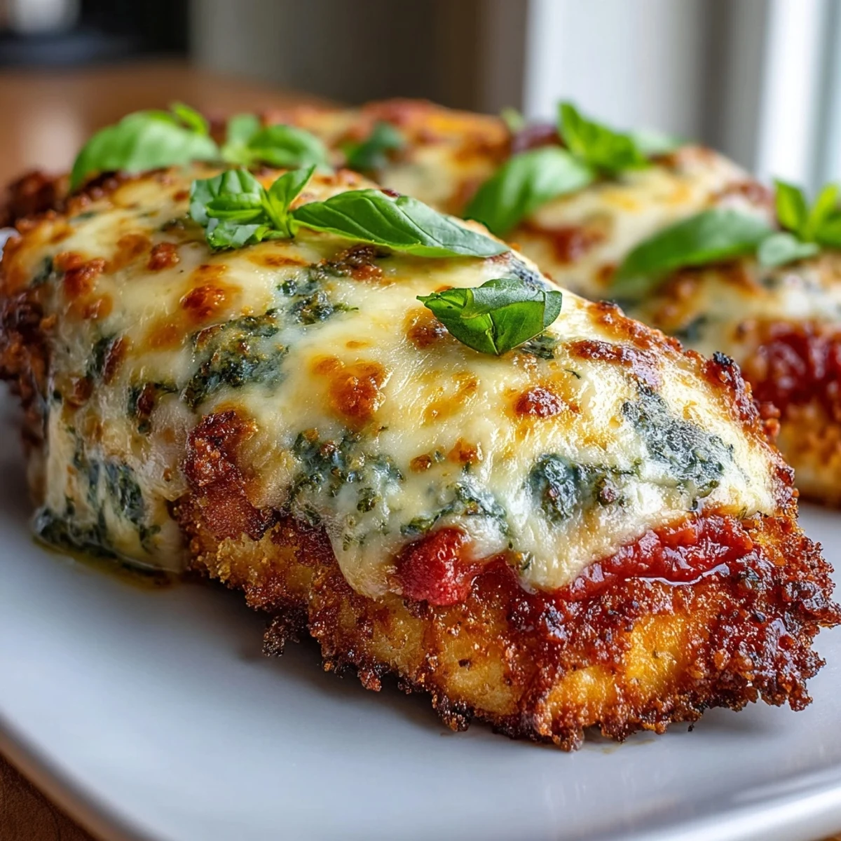 Juicy chicken breasts are layered with rich marinara, pesto, and Parmesan for a cheesy Italian-American dinner main dish.