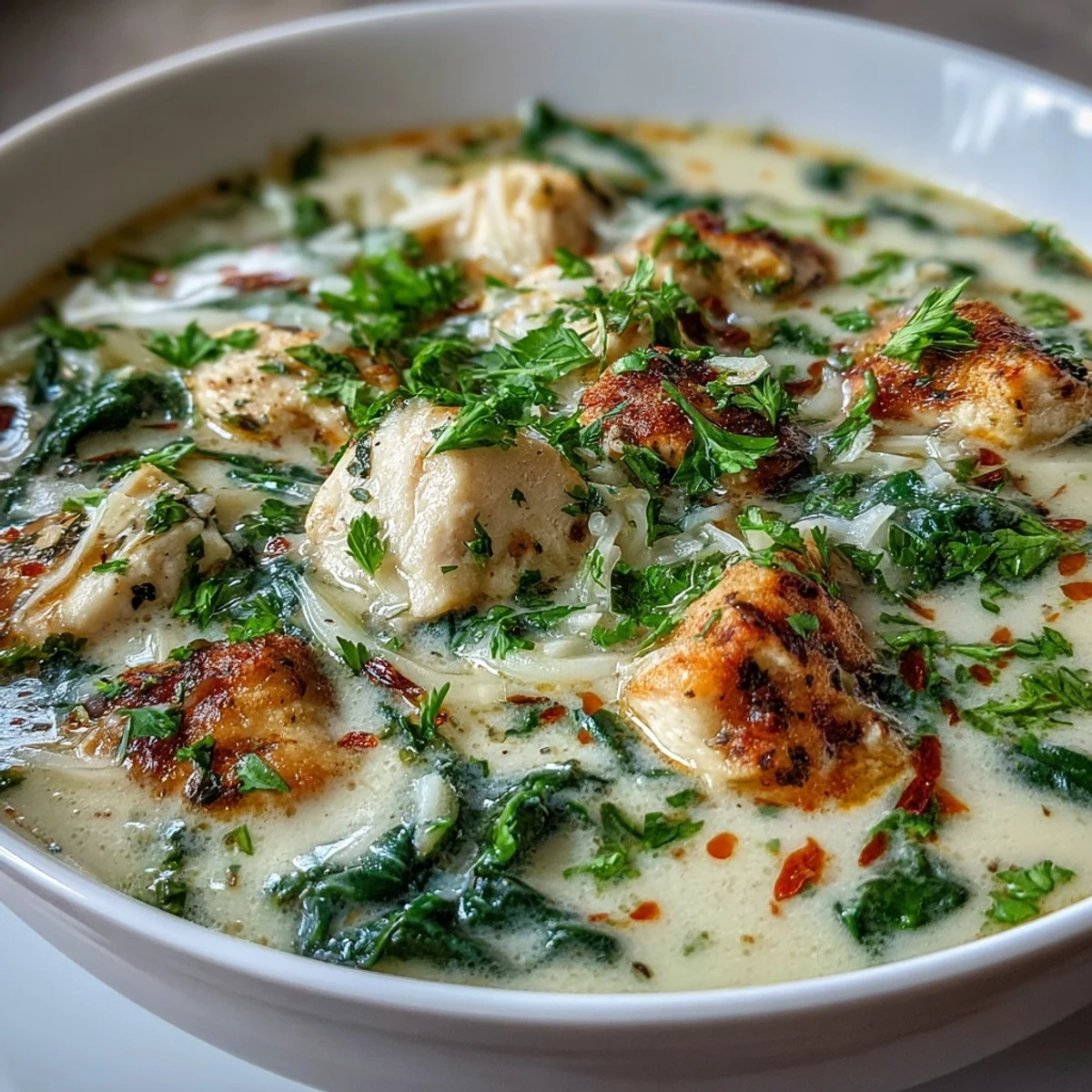 Creamy Garlic Parmesan Chicken Soup steaming in a rustic bowl, garnished with fresh parsley and extra cheese.