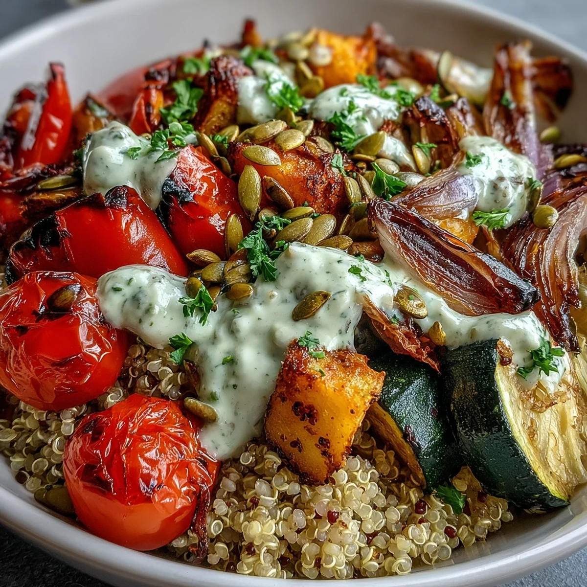 Golden roasted vegetables on fluffy quinoa with creamy tahini sauce and parsley in a white bowl.