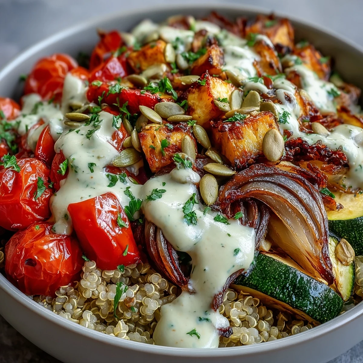 A close-up of a vibrant roasted vegetable quinoa bowl with pumpkin seeds and lemony tahini drizzle.