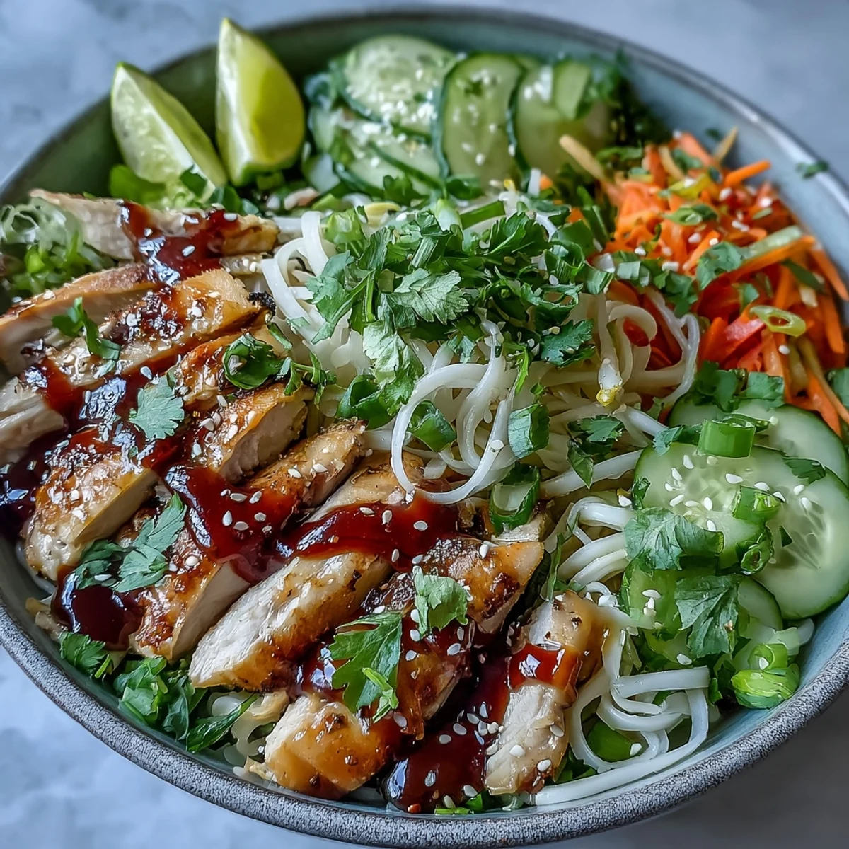 Steaming Asian Chicken Noodle Bowl with tender chicken, crisp veggies, and fresh cilantro.