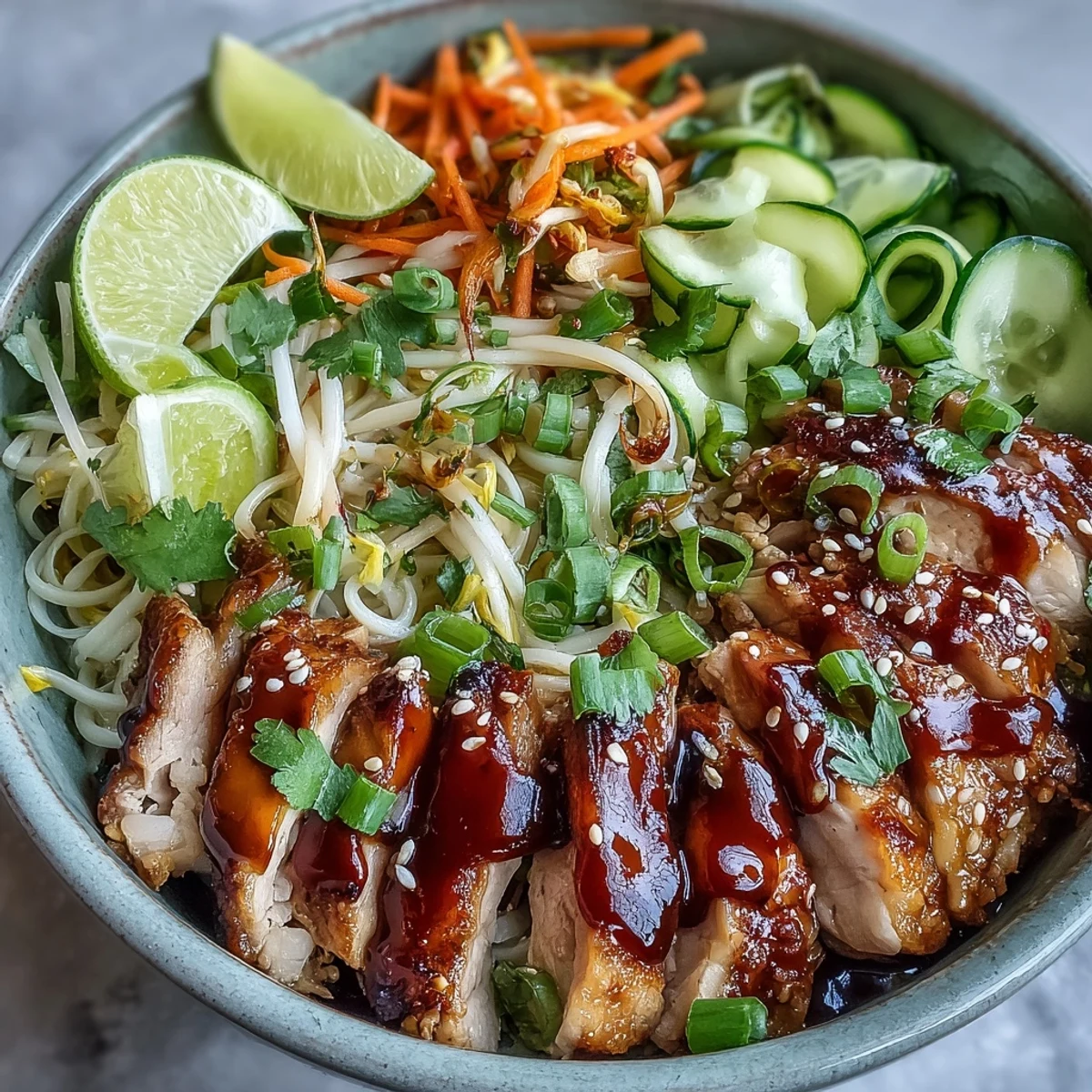 Colorful Asian Chicken Noodle Bowl garnished with sesame seeds and lime wedges for serving.