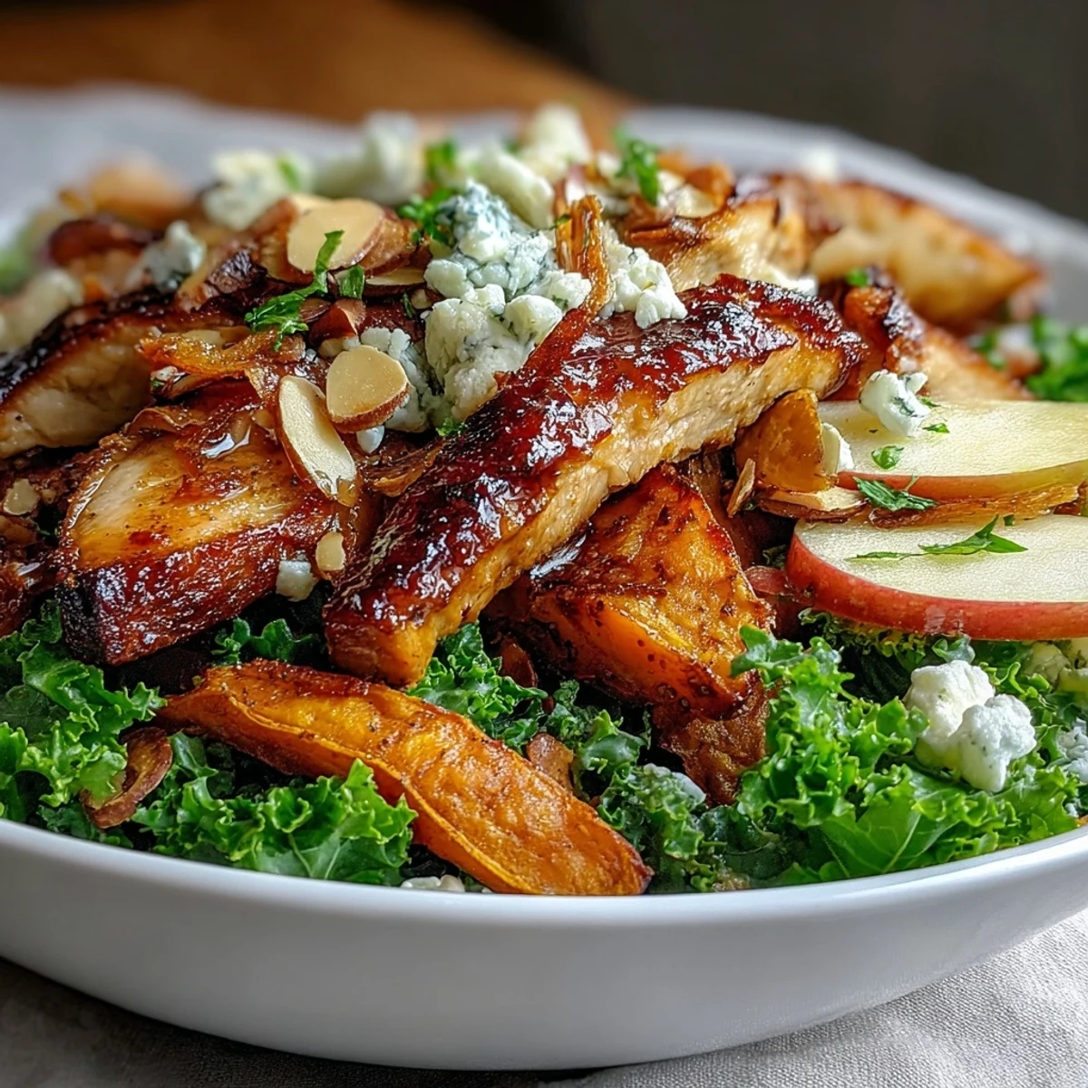Roasted chicken and sweet potatoes for a Fall Sweet Potato Harvest Bowl topped with goat cheese and almonds.