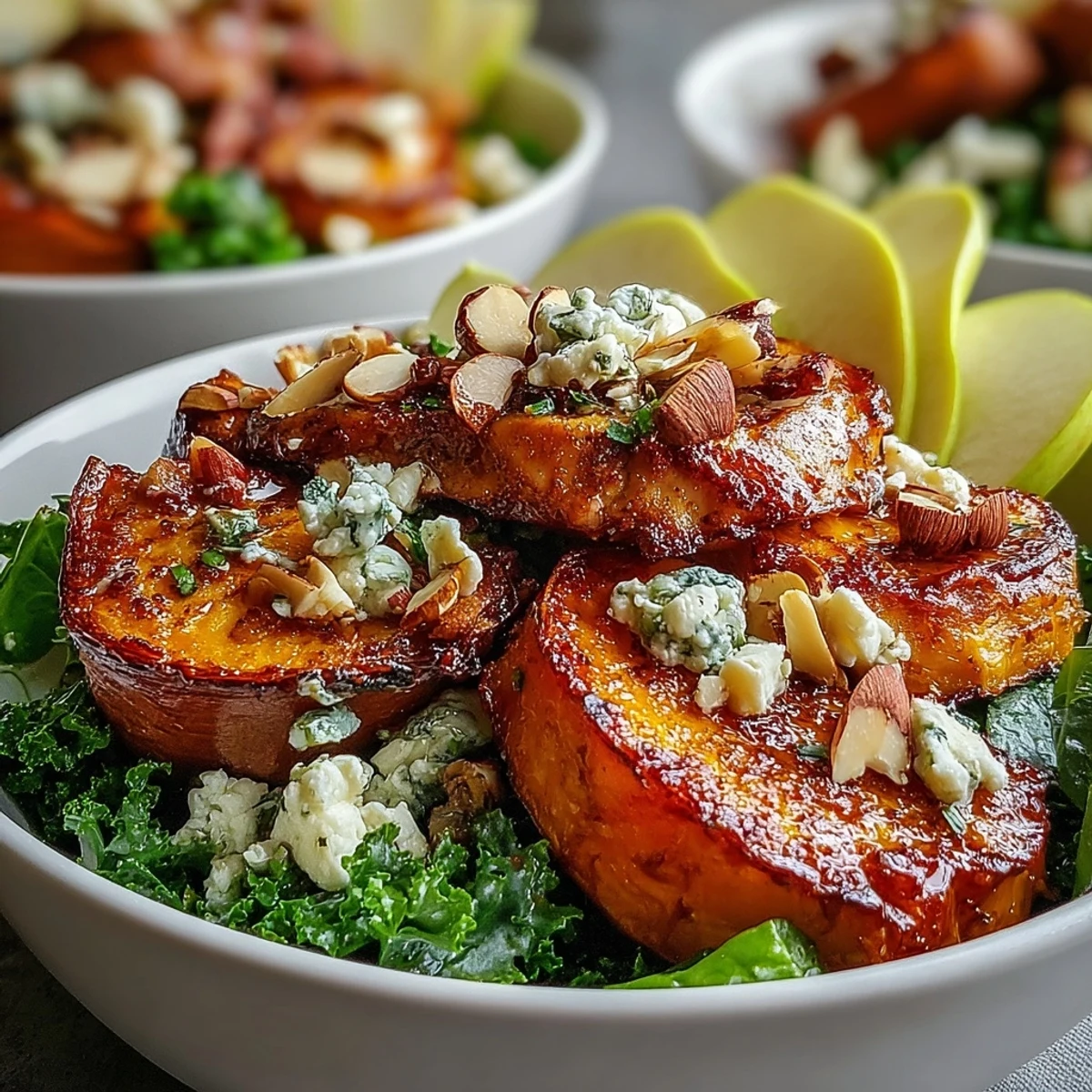 A Fall Sweet Potato Harvest Bowl with kale, crisp apple slices, and toasted almonds on a rustic wooden table.