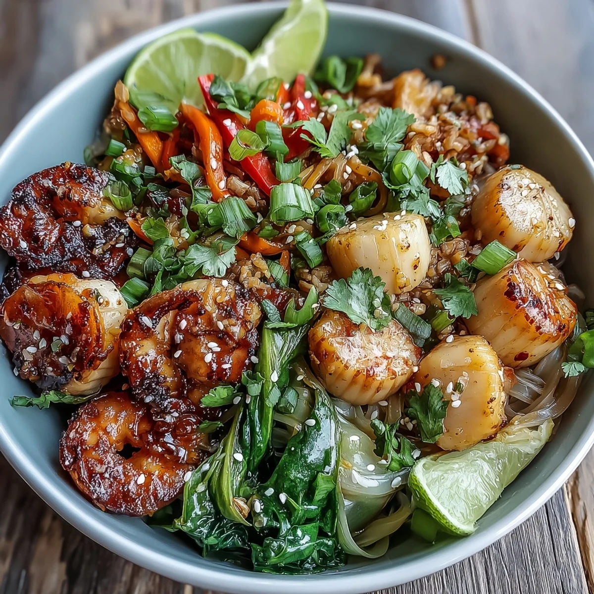 Bright steaming broth with shrimp and scallops, tender bok choy, and rice noodles in a ceramic bowl, garnished with lime and sesame seeds.