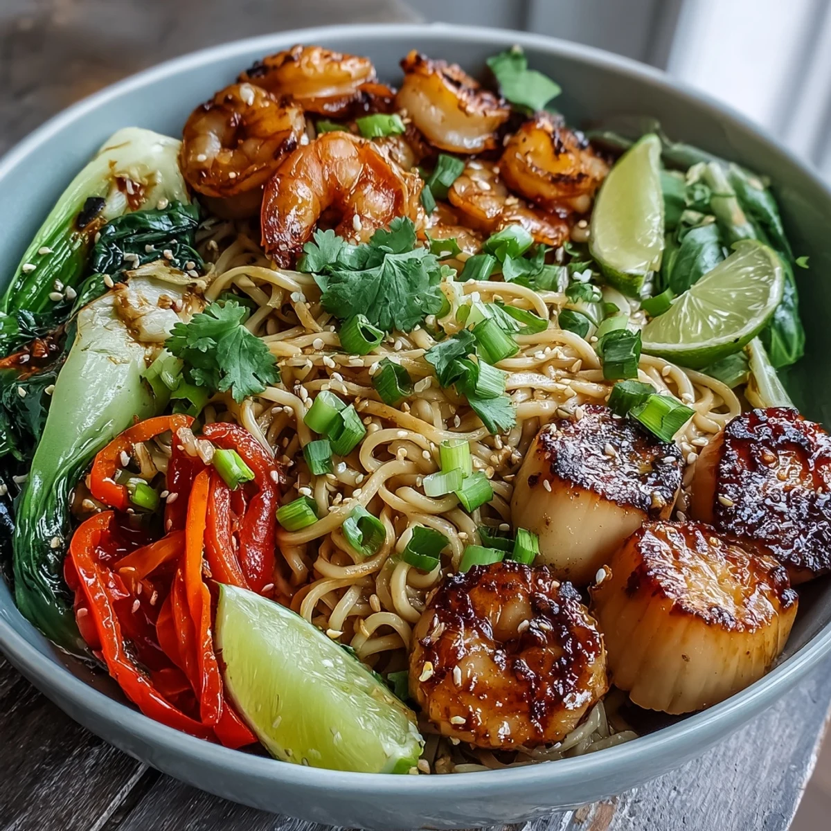 Close-up of silky noodles, shrimp, and scallops in savory broth with lime wedges and green onions on a marble counter, ready to serve.