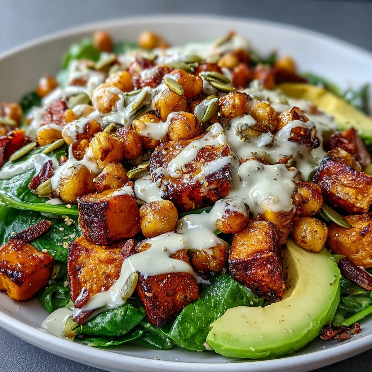 Garlicky spinach and smoky chipotle tahini dressing top this wholesome dinner bowl.