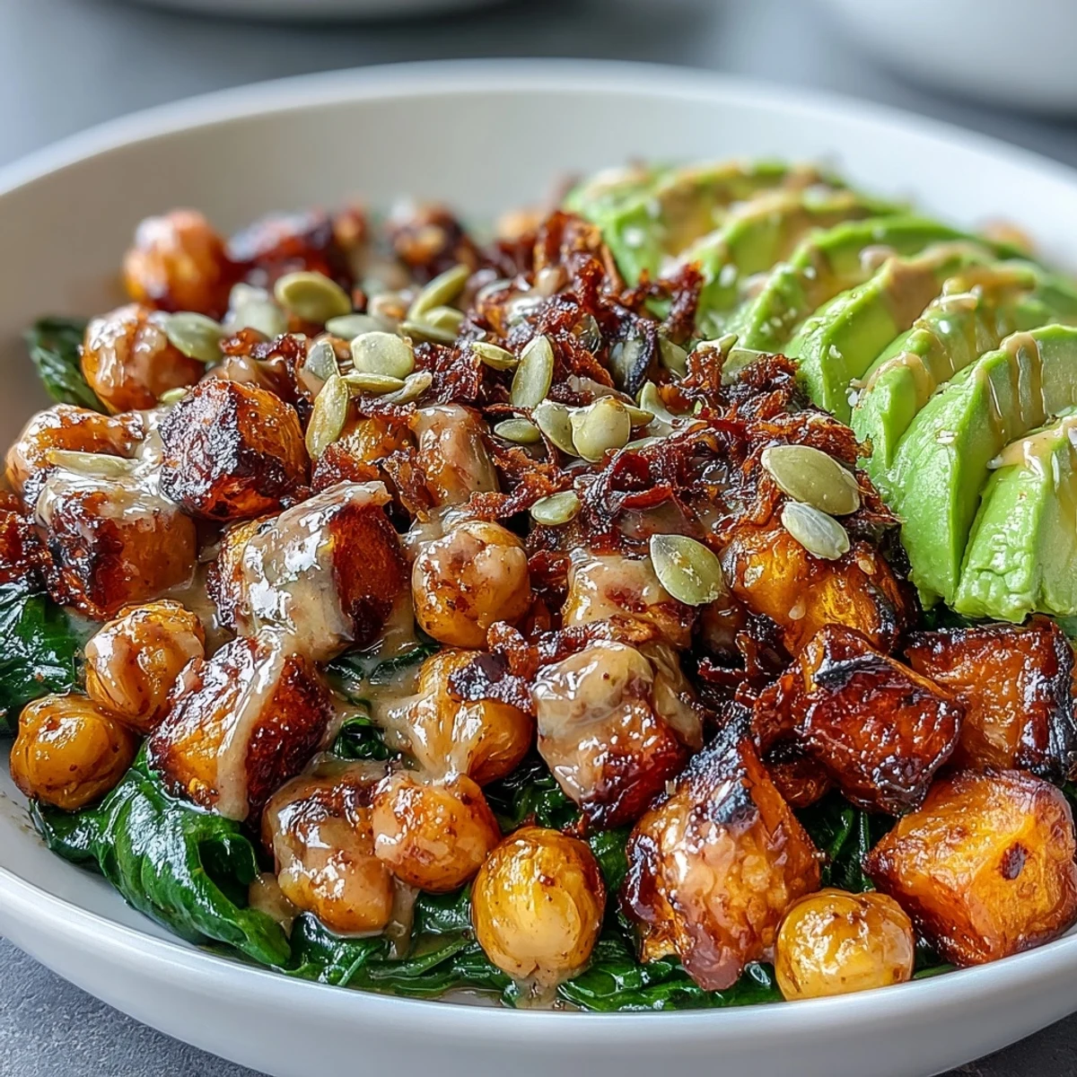 Sliced avocado and toasted pumpkin seeds garnish this nourishing roasted sweet potato bowl.