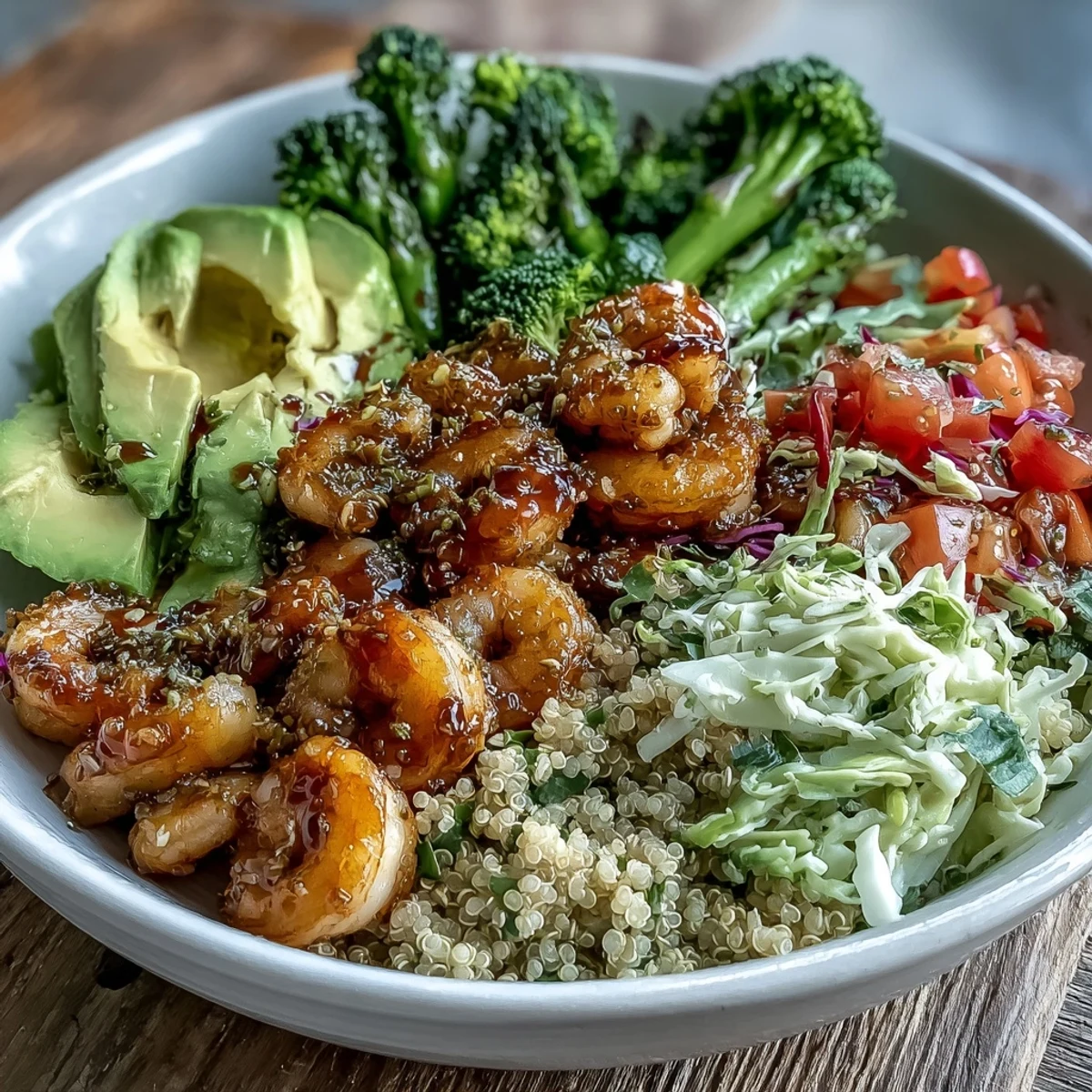Sunset-hued Rainbow Vegetable Detox Bowl topped with sautéed shrimp, creamy avocado, and crisp veggies drizzled with balsamic.
