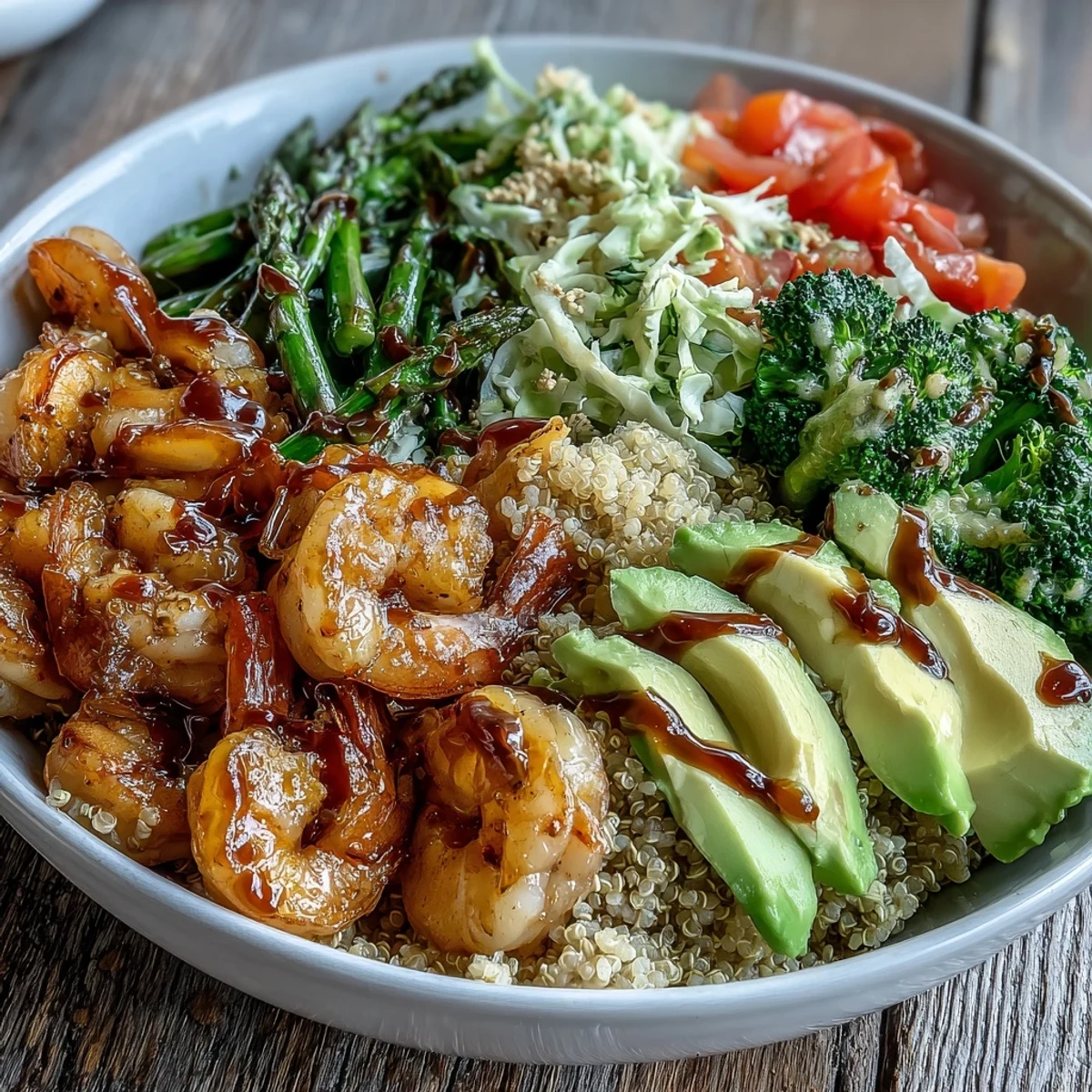 Vivid layers of quinoa, bright red cabbage, and green asparagus in a wholesome Rainbow Vegetable Detox Bowl ready to serve.
