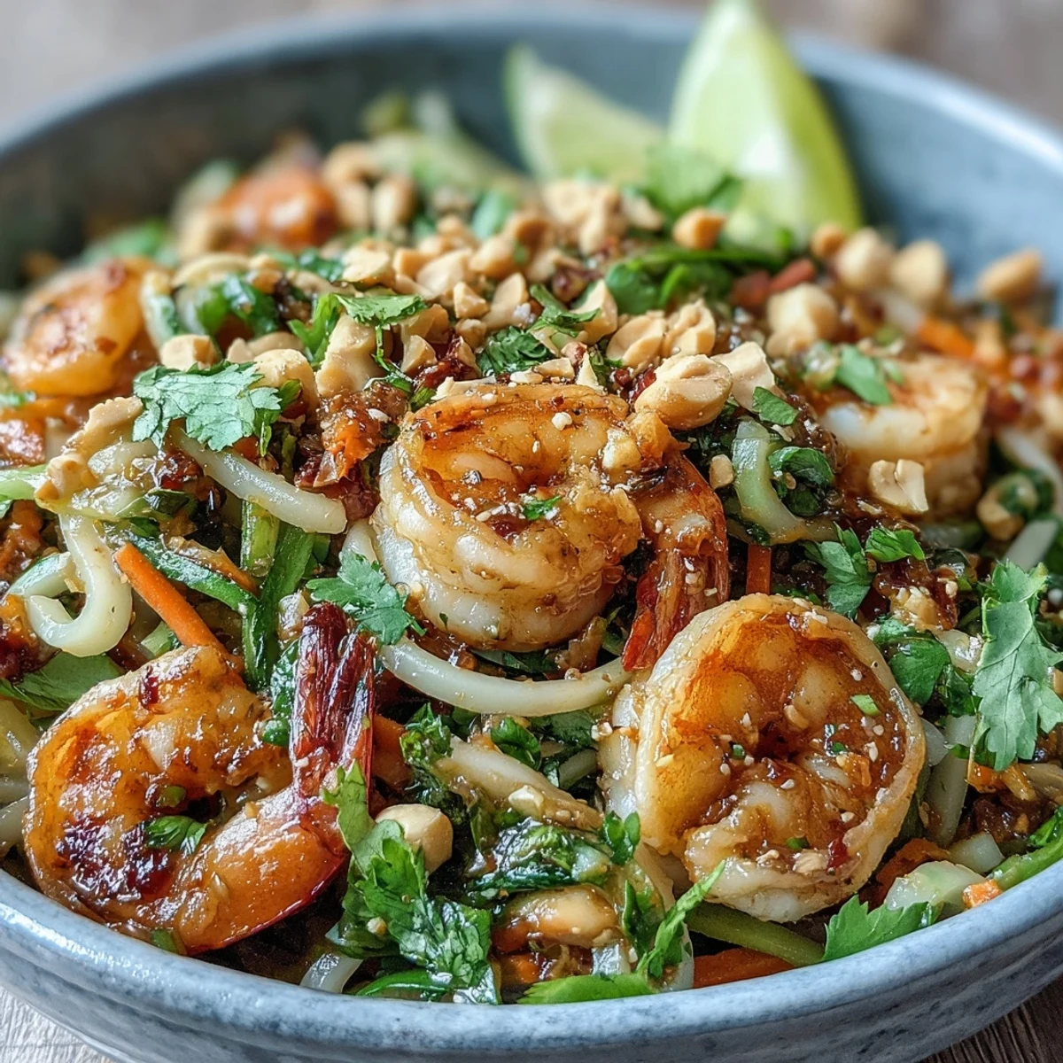 Tender shrimp and crisp zucchini fill this Asian Noodle Bowl, topped with peanuts and cilantro.