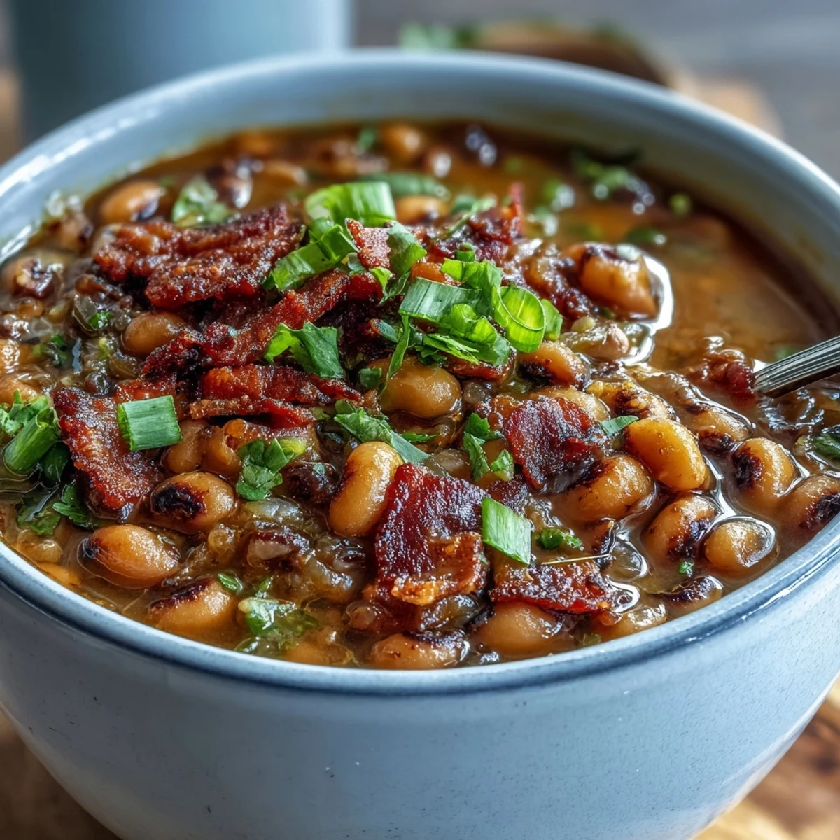 Steaming bowl of Big Pot of Texas Black-Eyed Peas garnished with cilantro, ready to serve with cornbread.