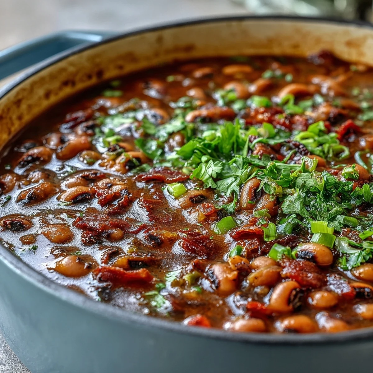 Spicy Big Pot of Texas Black-Eyed Peas simmering with jalapeños, served in a bowl with fresh green onions.