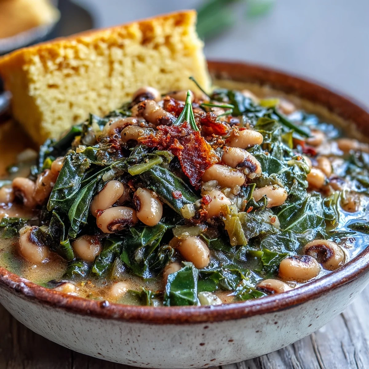 Savory Black-Eyed Peas With Collard Greens simmered in a rich, smoky broth, served steaming hot with a wedge of golden cornbread.