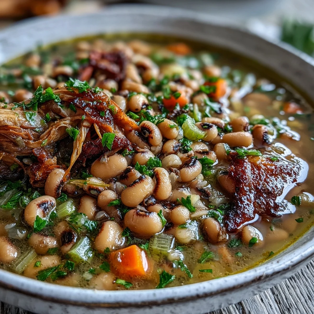 A steaming bowl of Black-Eyed Peas With Smoked Turkey, featuring tender peas, shredded turkey, and aromatic herbs garnished with fresh parsley.