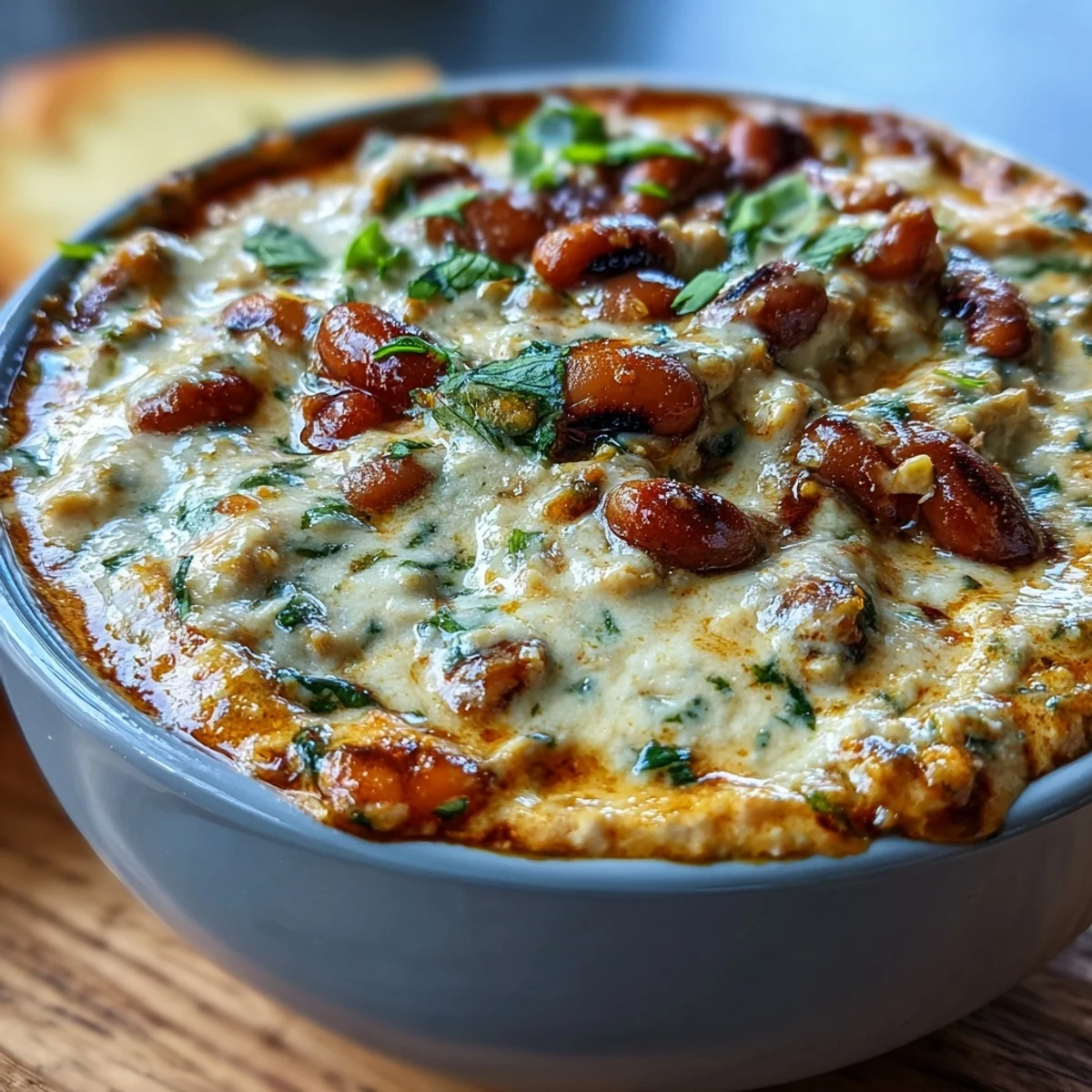 A close-up of bubbling Hot Black-Eyed Pea Dip with Jalapeño and Cumin, freshly baked in a ceramic dish with golden edges and fresh cilantro.