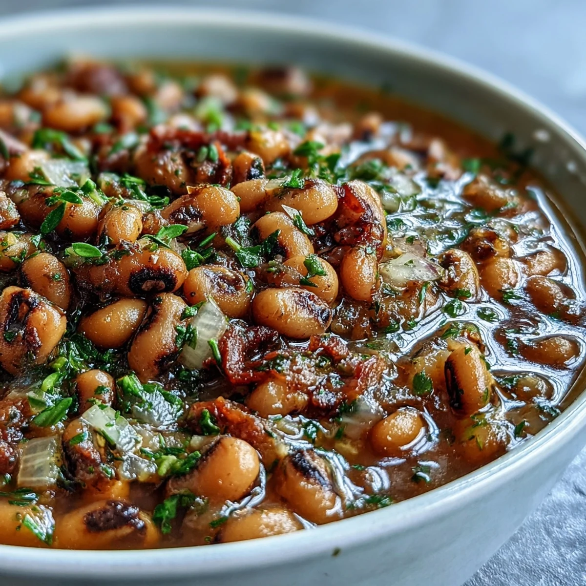Savory frozen black-eyed peas quick version simmered with onions and garlic in a rustic bowl with fresh parsley garnish.