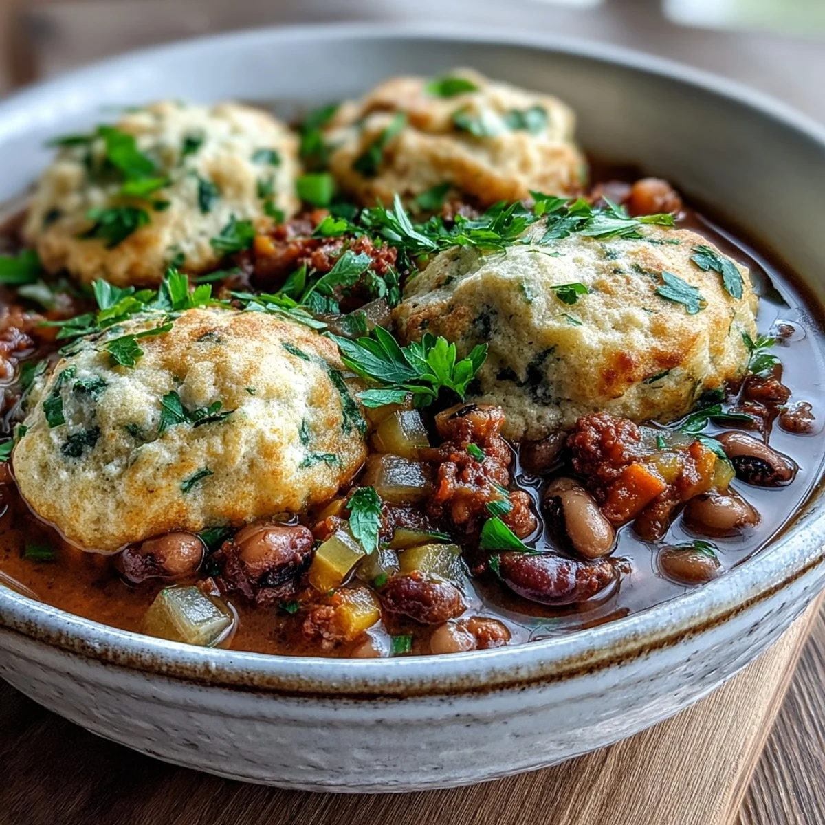 Golden cornmeal and buttermilk dumplings sit atop a rich pot of Black-Eyed Peas and Sausage Dumplings, ready to serve.